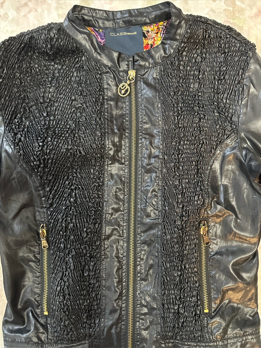Class Roberto Cavalli Black Textured Front Leather Jacket